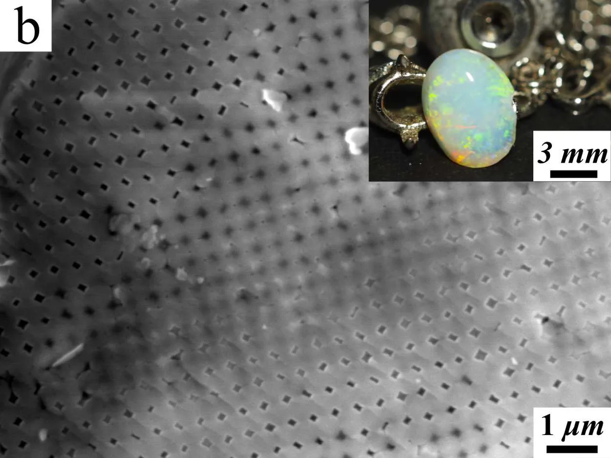 FE-SEM image of natural precious opal showing a regular pore pattern at one micrometer scale